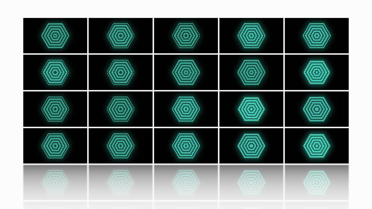 ネオンの光とモダンな緑の六角形パターン