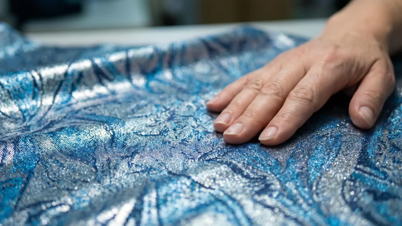 Detailní záběr ruky dotýkající se třpytivé modré a stříbrné látky
