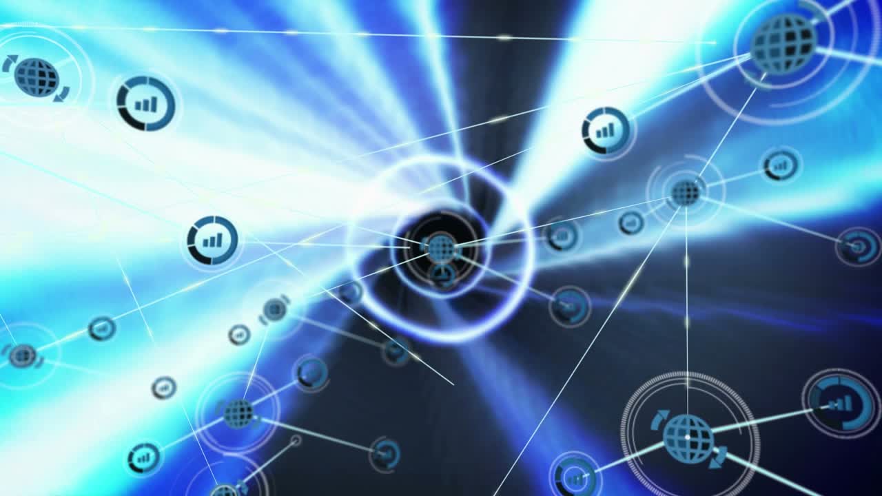 Animation of network of connections with icons over dark background