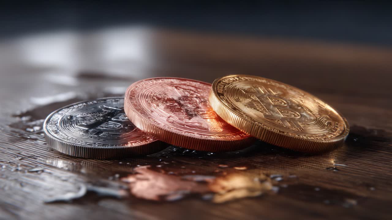 A Glimpse of Three Distinctive Coins, Captured in a Reflective Setting on a Wooden Surface, Showcasing Their Unique Features and Colors in a Visually Striking Composition