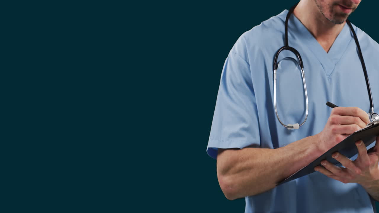 Animation of caucasian male doctor wearing scrub writing on notepad against black background