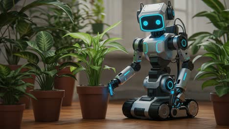 A Friendly Robot Engages with Indoor Plants, Showcasing Advanced Technology and the Harmony Between Nature and Artificial Intelligence in a Well-Lit Space