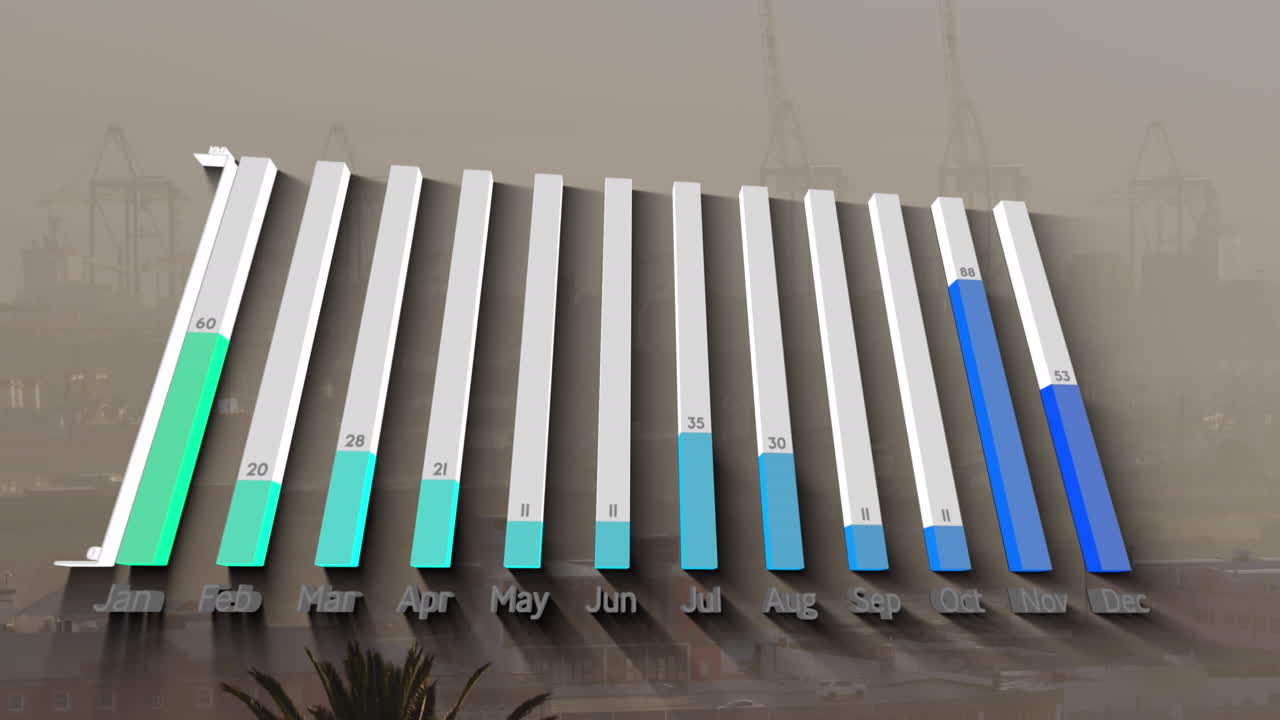 animación del procesamiento de datos estadísticos frente a una vista aérea del paisaje urbano