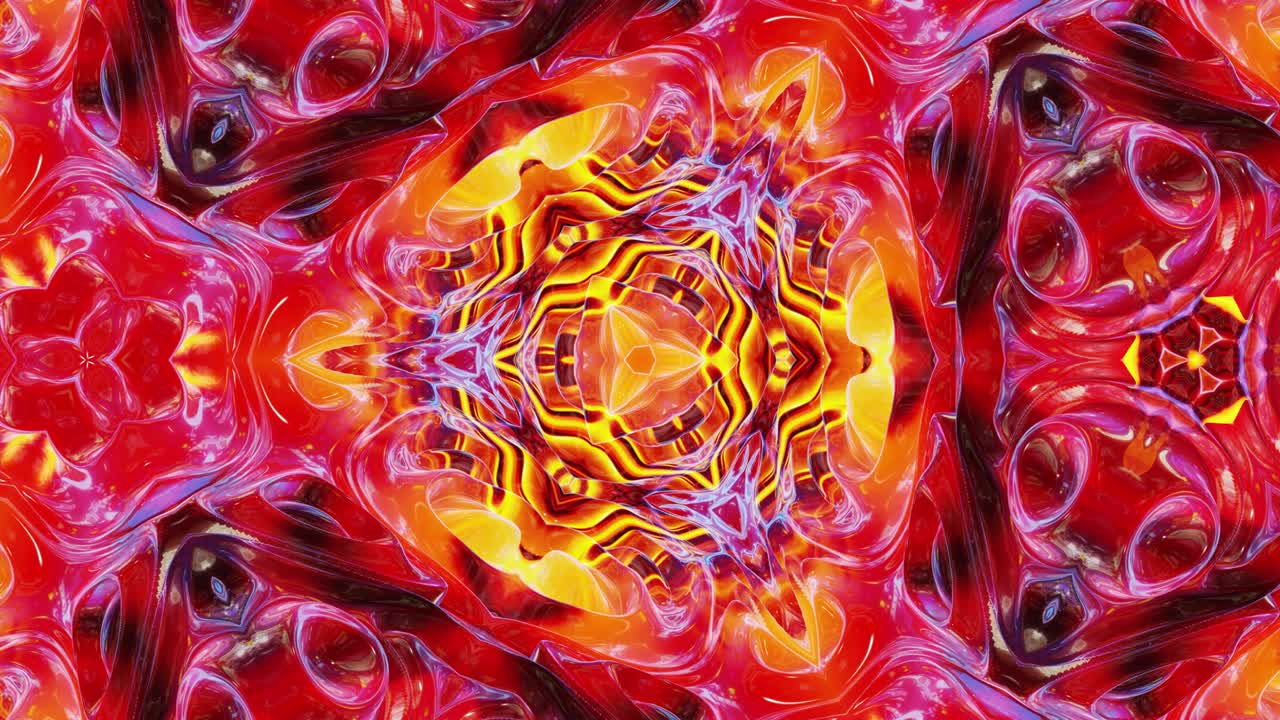 líquido rojo amarillo naranja patrón simétrico como caleidoscopio con ondas. 3d elegante bucle abstracto bg, estructura ondulada de vidrio líquido brillante con hermosos colores de gradiente. 4k