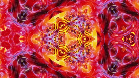 líquido rojo amarillo naranja patrón simétrico como caleidoscopio con ondas. 3d elegante bucle abstracto bg, estructura ondulada de vidrio líquido brillante con hermosos colores de gradiente. 4k