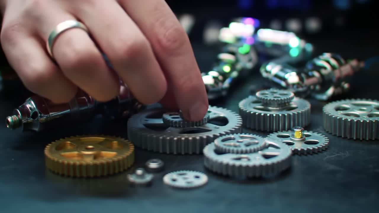 Intricate Assembly of Mechanical Gears Showcasing Precision Engineering and Innovative Design in a Workshop Environment