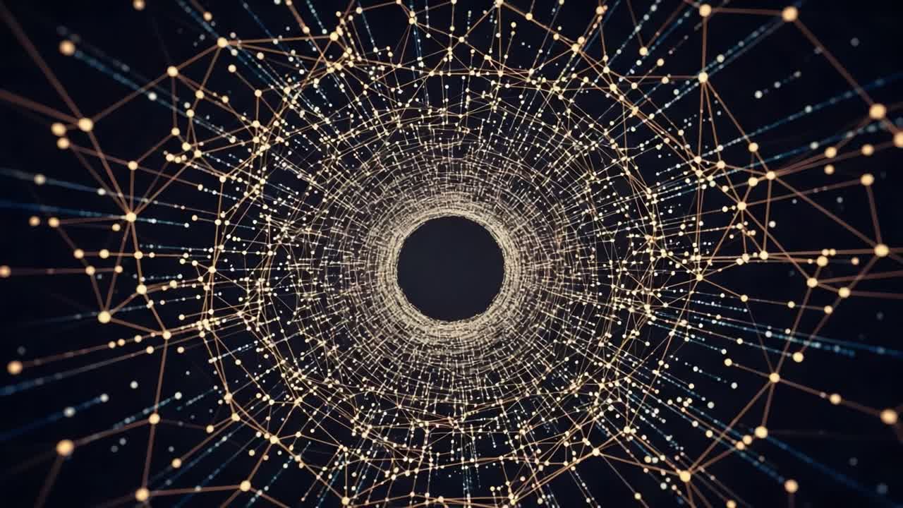 A Captivating Visual Journey Through a Web of Interconnected Nodes and Lines, Guiding the Eye Towards a Central Point of Infinite Depth and Complexity