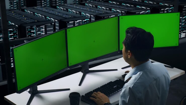 Bagfra set træt asiatisk mand, der gaber, mens han arbejder med mock-up af flere computerskærme i et datacenter
