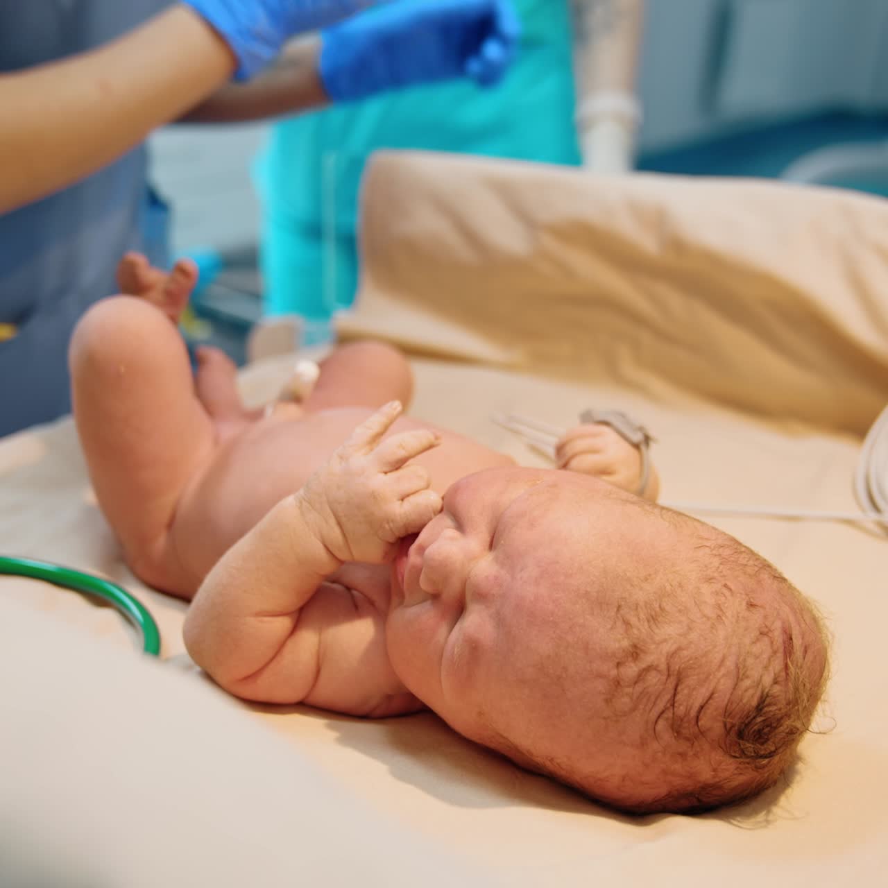 Newborn Caucasian baby lies on the table its head to the camera. Nurse attaches equipment wire to the child's hand