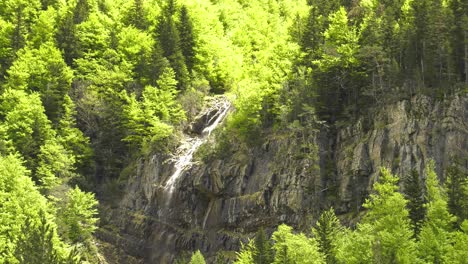 Picturesque-forest-waterfall-cascading-down-grey-rockface,-zoom