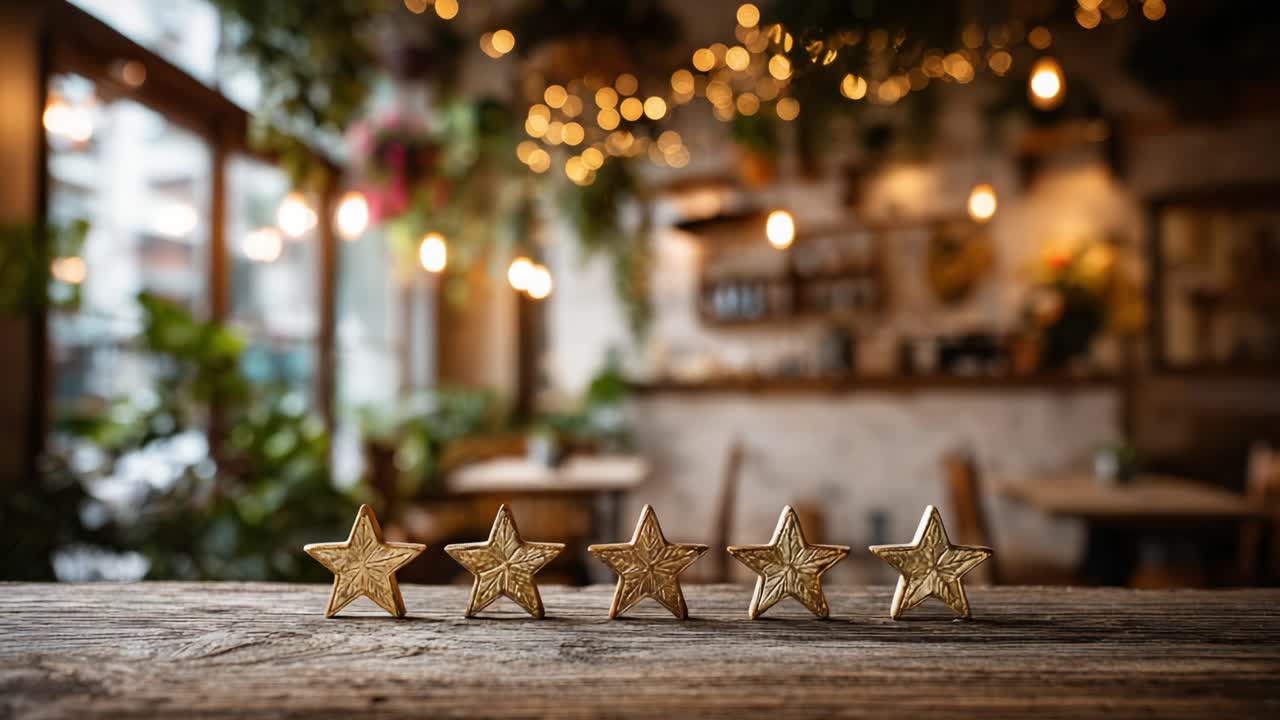 A Captivating Display of Five Golden Stars on a Rustic Wooden Table with a Warm, Inviting Ambience of Soft Lighting and Lush Greenery in the Background