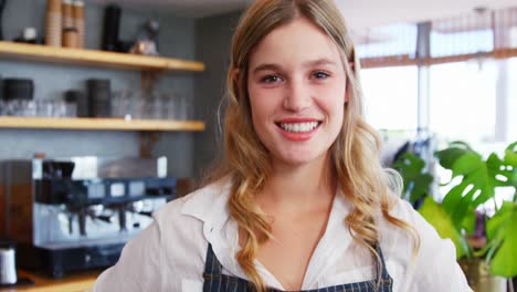portrait of waitress is smiling and posing with hands on hips