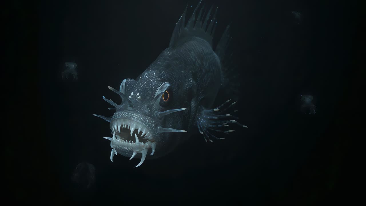 Suivi des rayons de lumière, poissons des profondeurs avançant en pleine eau, ouvrant la bouche, montrant des dents acérées