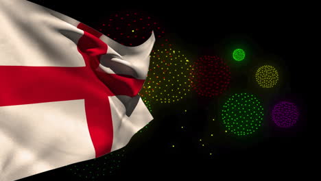 animación de la bandera de inglaterra sobre formas y fuegos artificiales en fondo negro