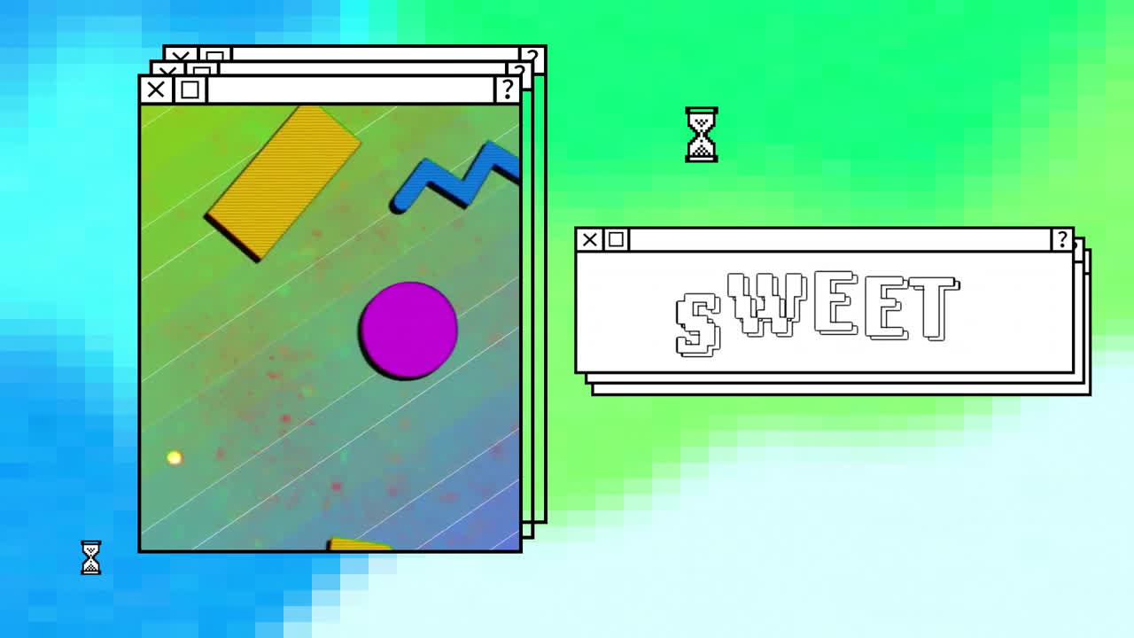 네온 패턴으로 달한 텍스트와 컴퓨터 창 화면의 애니메이션