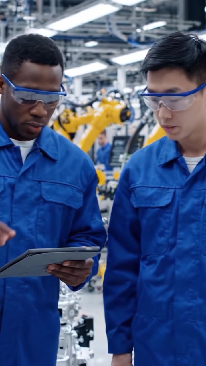 Two workers in blue uniforms discuss technology in a high-tech manufacturing environment filled with robotic arms and machinery, focusing on collaboration and innovation.