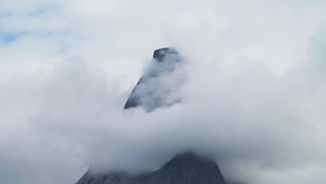 highest peak of stetinden covered with clouds near narvik in nordland county, norway