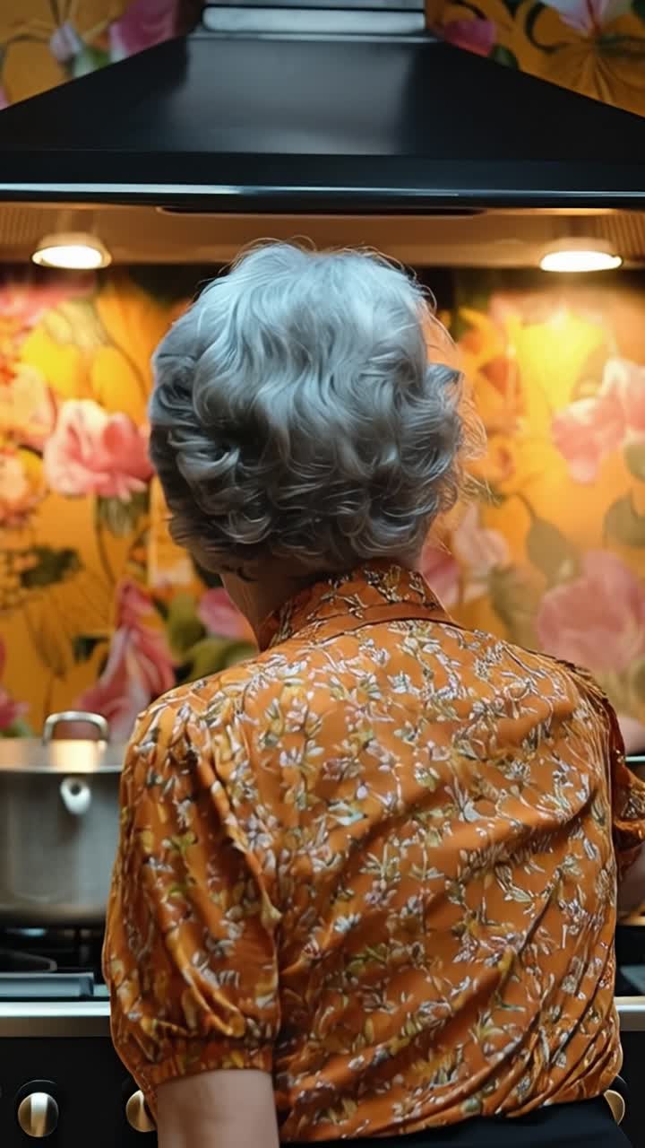 Una luce soffusa brilla sopra una cappa da cucina. Capelli grigi ricci dolcemente contro una camicia floreale. Donna in piedi, concentrata a cucinare. La sua schiena è rivolta verso la telecamera, immobile e calma. Tonalità calde riempiono le pareti dietro di lei