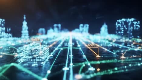 a futuristic urban landscape showcasing a digital city network with illuminated paths and structures representing advanced connectivity and technological interactions