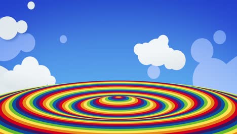 animation of rainbow coloured circles waving over clouds on blue background