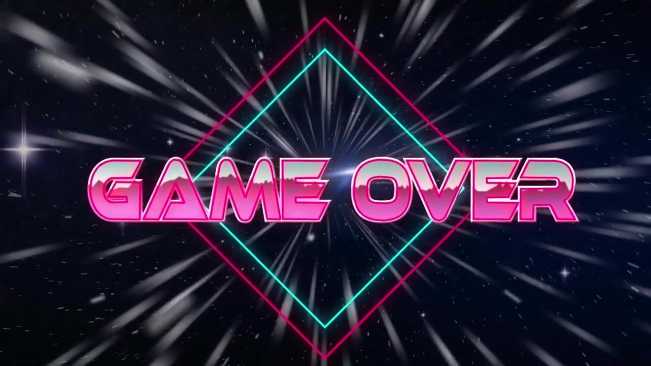 Animazione del testo 'Game Over' su linee al neon e scie di luce luminose