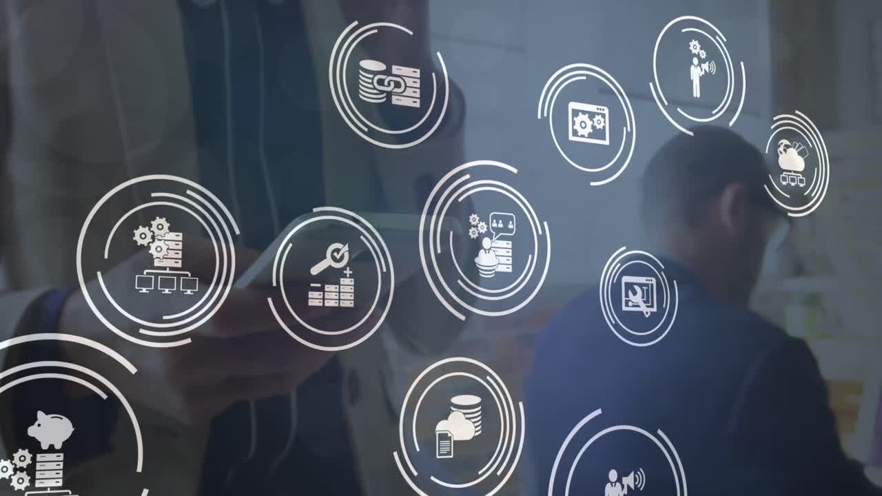 animación de iconos financieros que caen sobre una persona que utiliza un teléfono inteligente