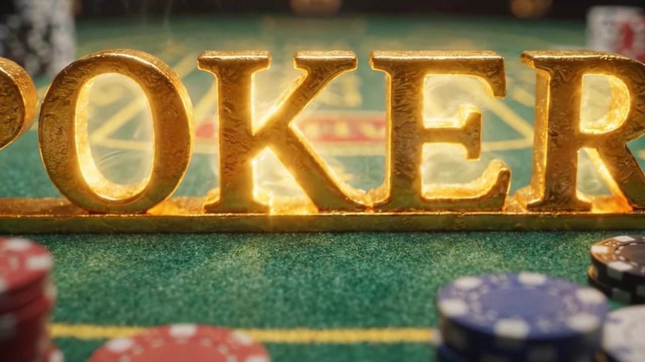 Un intrigante primo piano di un tavolo da poker con fiches colorate e una scintillante insegna dorata 'POKER' che cattura l'essenza dei giochi di carte ad alta posta.
