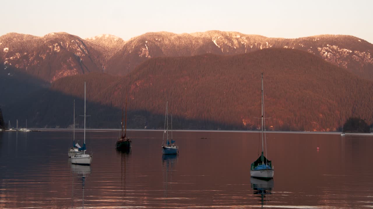 Boats Adrift Over The Calm Bay Water In Deep Cove, Vancouver, Canada - Medium Shot