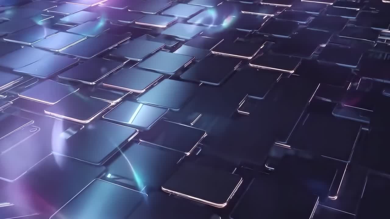 Futuristic video of glossy black tiles from a low angle, reflecting blue and purple lights