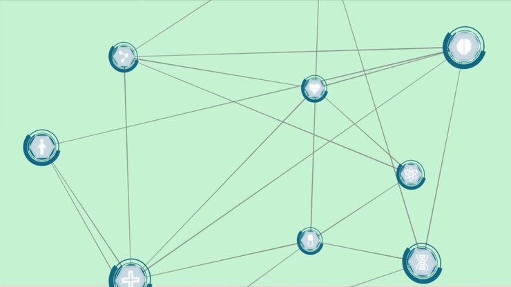 Animation of network of connections with icons over green background