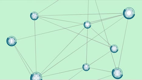 Animation-of-network-of-connections-with-icons-over-green-background