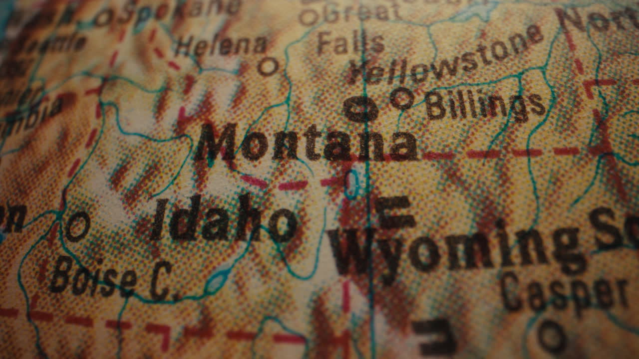 Close-up of a map showing Montana, Idaho, and Wyoming