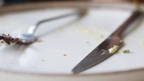 empty plate with leftover food and cutlery