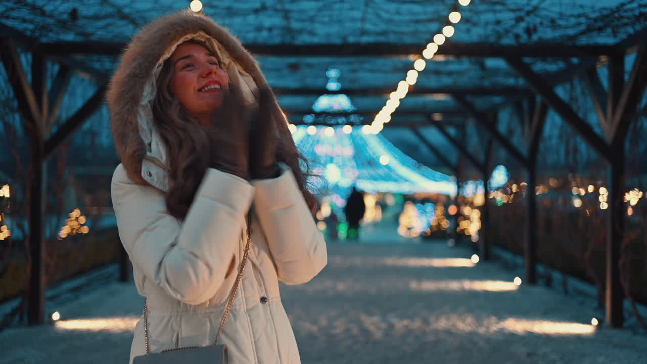Woman in white coat at the Christmas market in Chisinau, Moldova