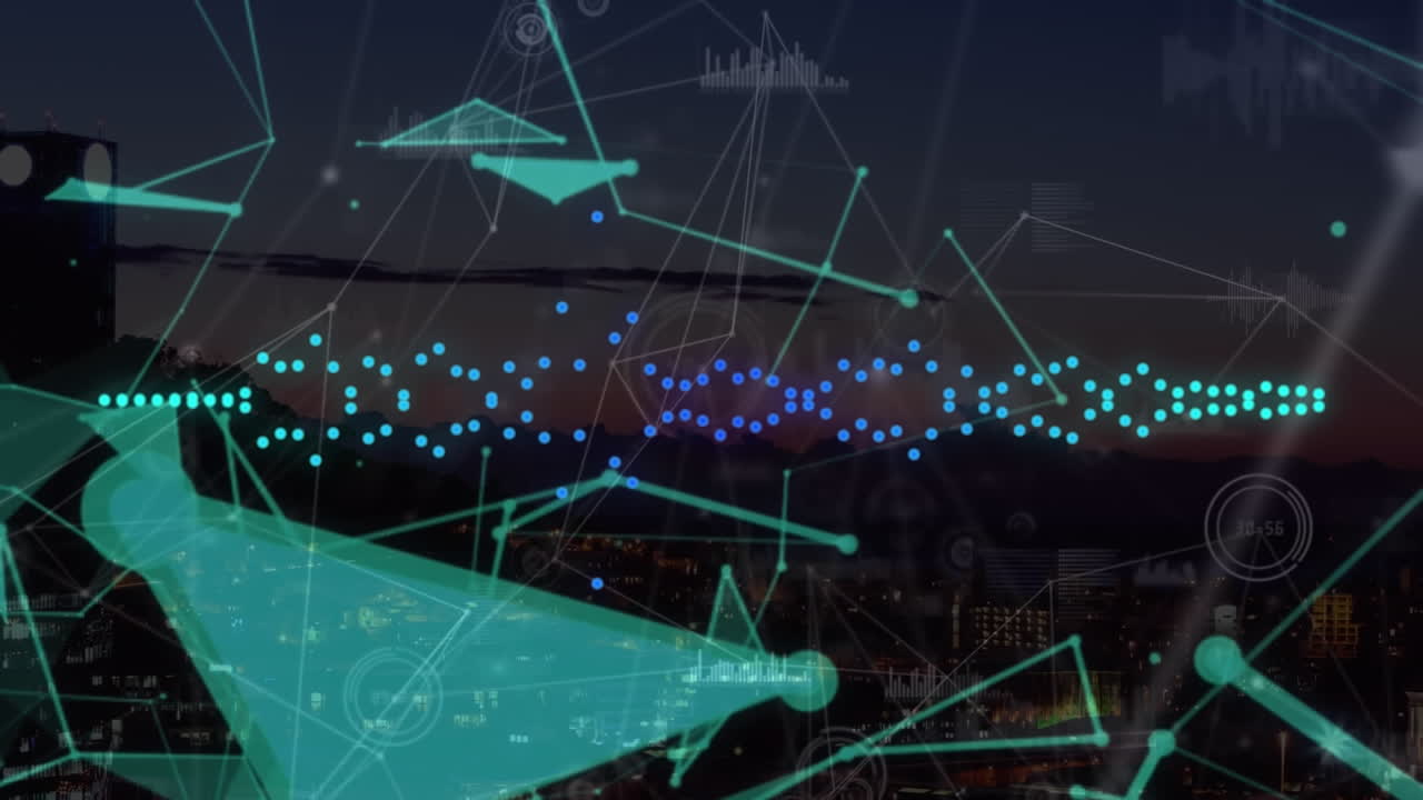 도시 풍경에 대한 연결 네트워크로 데이터 처리의 애니메이션