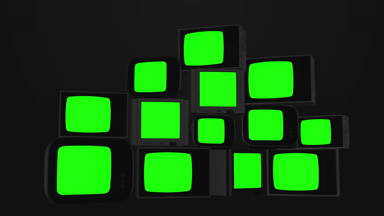 Vintage electronics tv display green screen array green screen tvs surrounded by stacked old