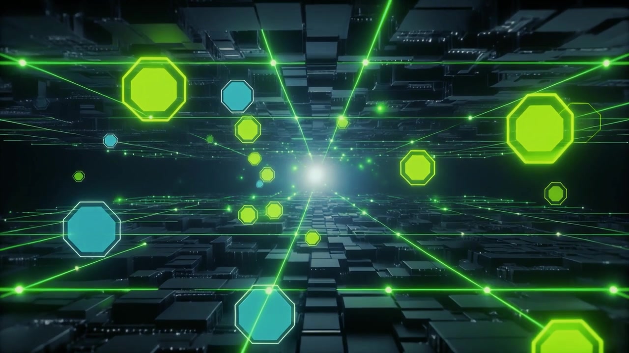 Abstract Digital Tunnel with Glowing Green Geometric Data Nodes