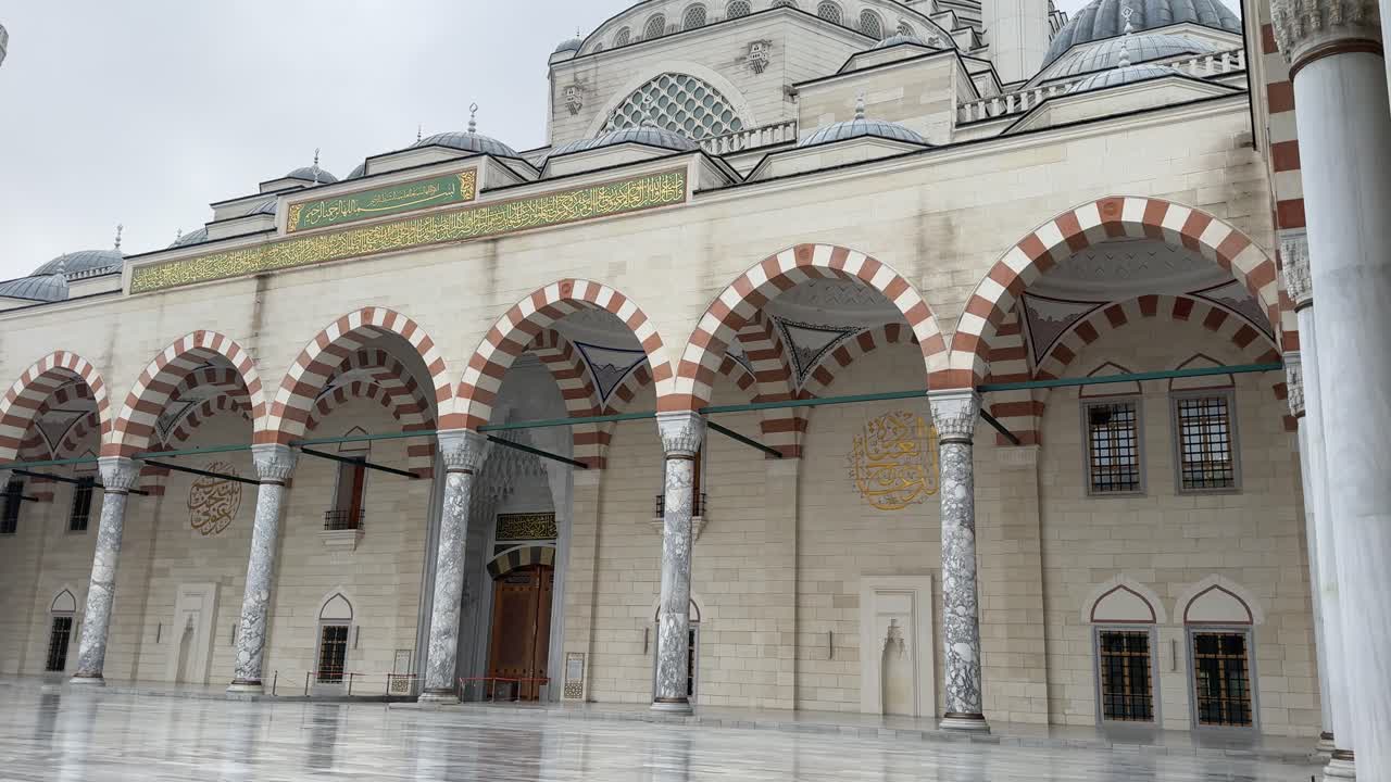 Islamic architecture with towering marble pillars at Camlica Mosque.