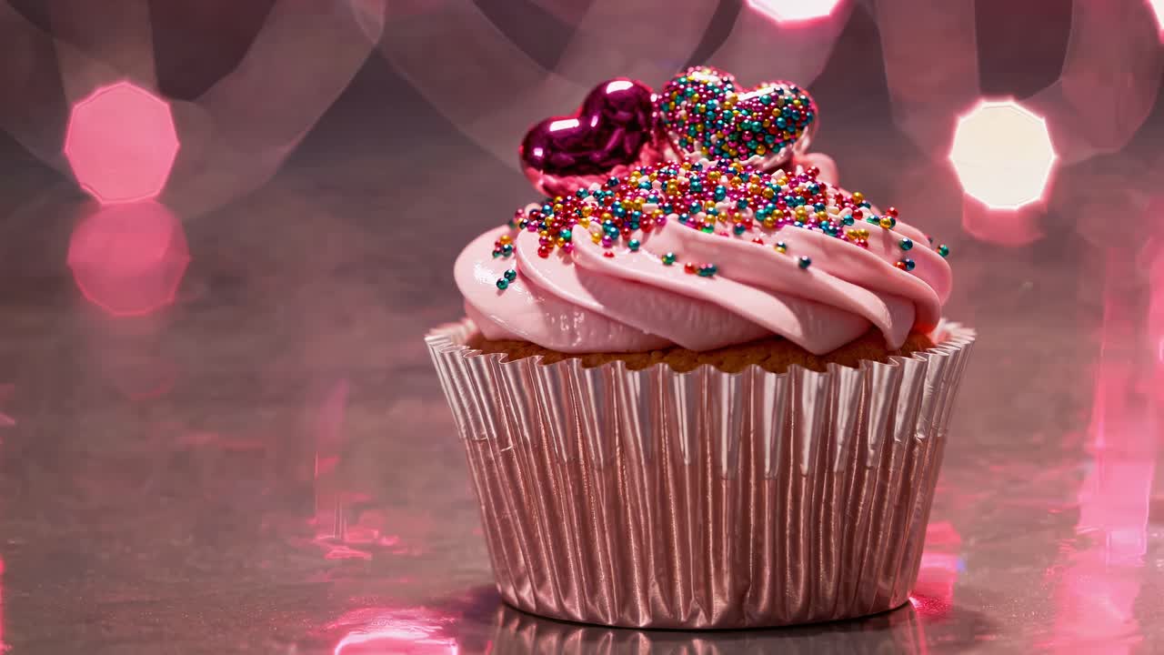 pastel rosa con salpicaduras coloridas y dos corazones cambiando la luz de fondo de rosa a azul, creando una atmósfera mágica y romántica