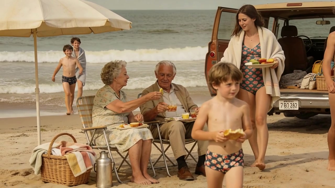 Aprendo il portello, una figlia avvolta in una coperta porta bevande da un carretto per servire gli anziani in spiaggia.