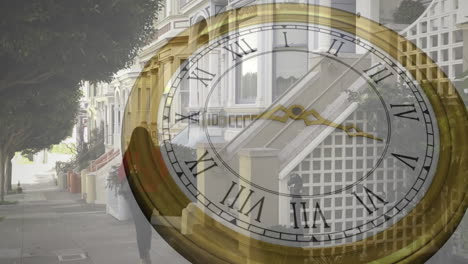 animation of clock ticking over busy city