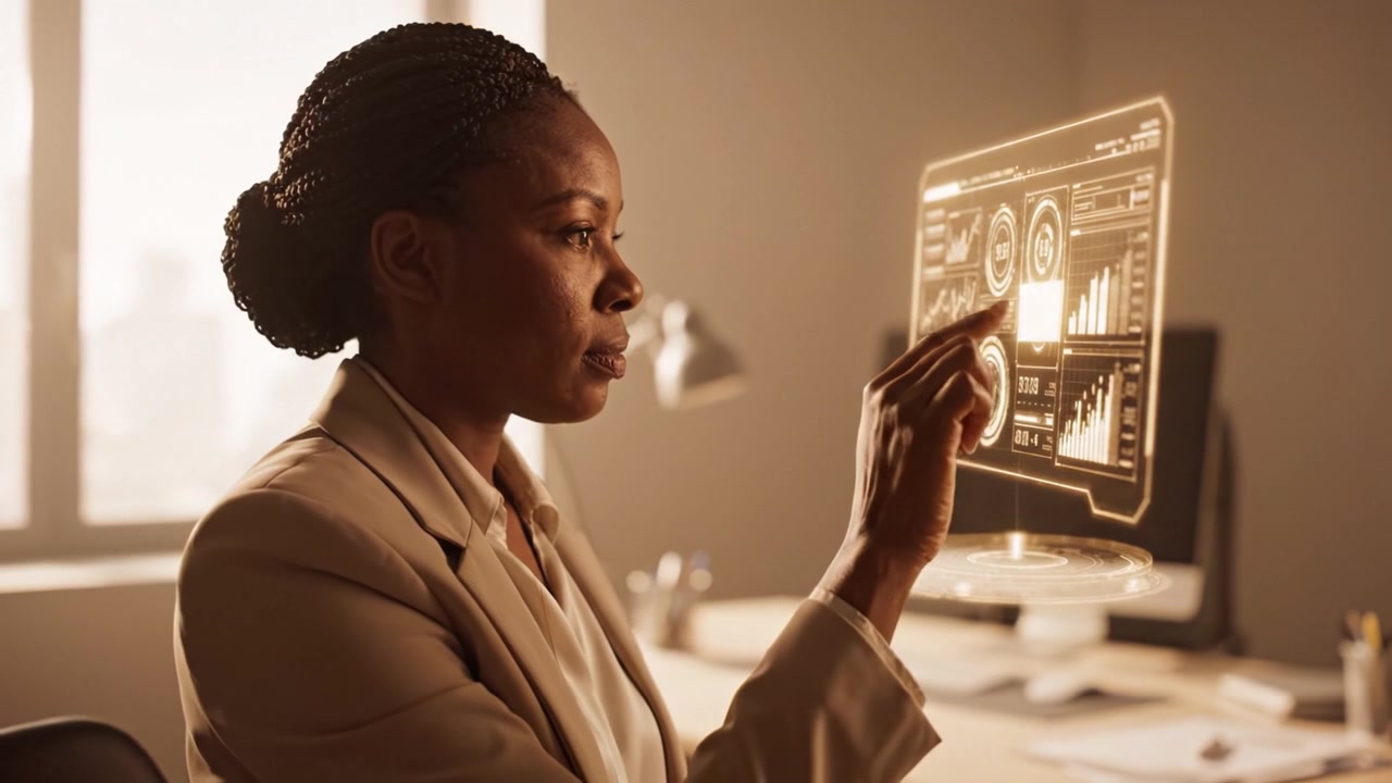 A Professional Woman Analyzing Data Through a Futuristic Holographic Display in a Modern Office Environment - Enhanced Insights and Innovative Technology in Action