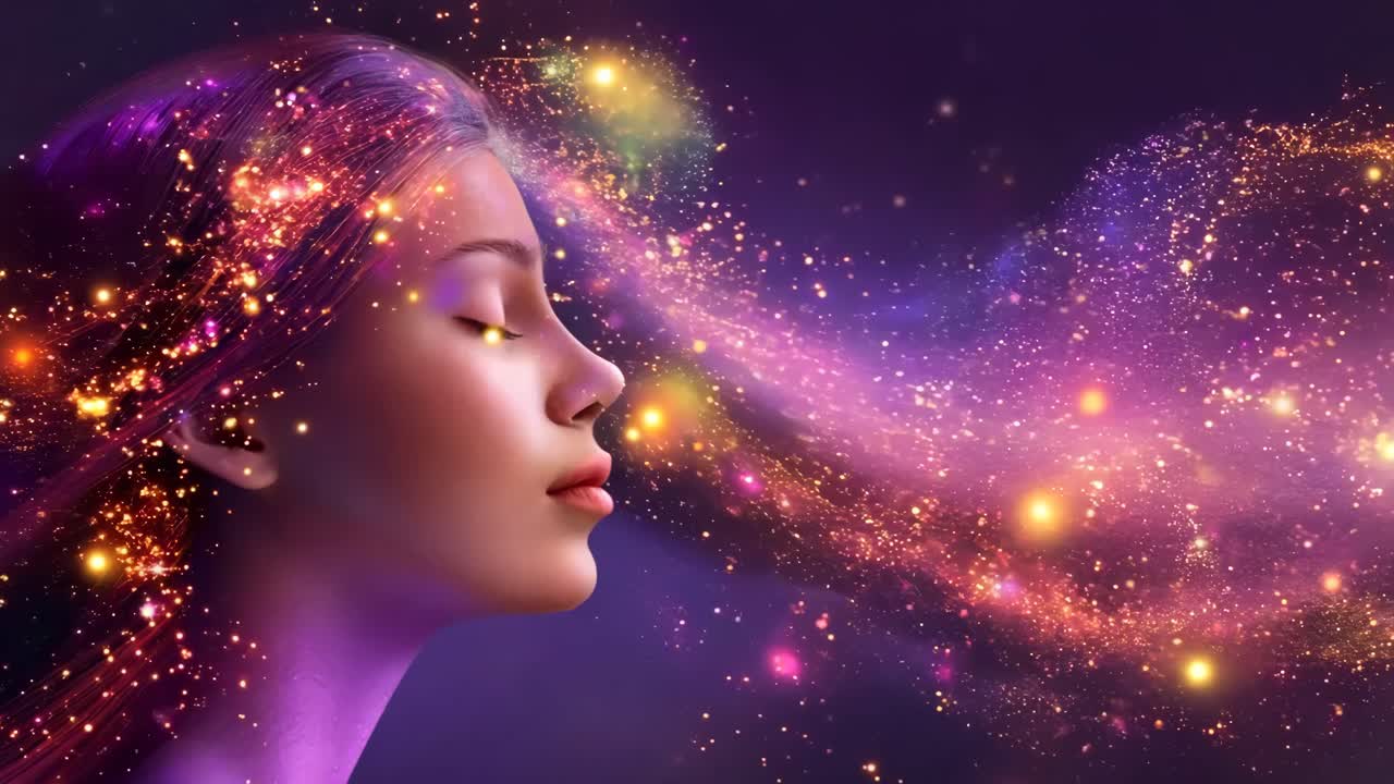 A woman's face is surrounded by a purple and orange cloud of glitter. Concept of wonder and magic, as if the woman is in a dream or a fantasy world. The glittery effect adds a sense of movement