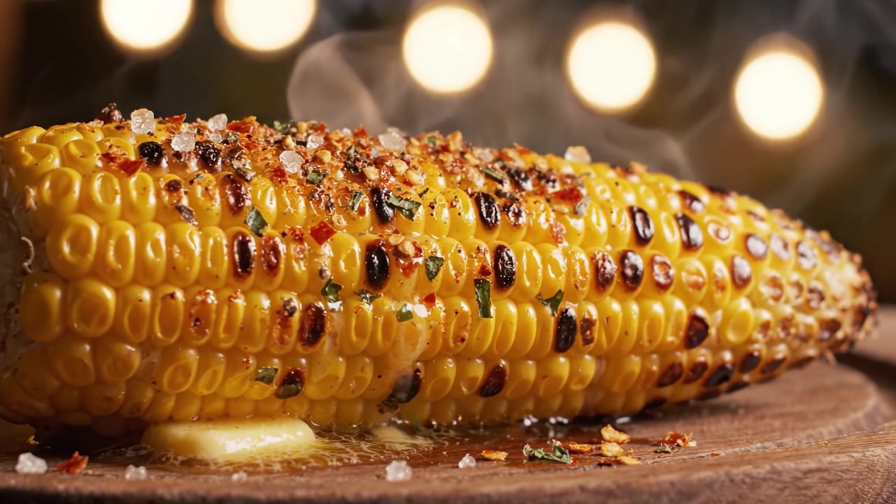 Deliciously Grilled Corn on the Cob: Perfectly Charred, Flavorful, and Topped with Seasonings for a Savory and Satisfying Snack Experience Under Soft Lighting