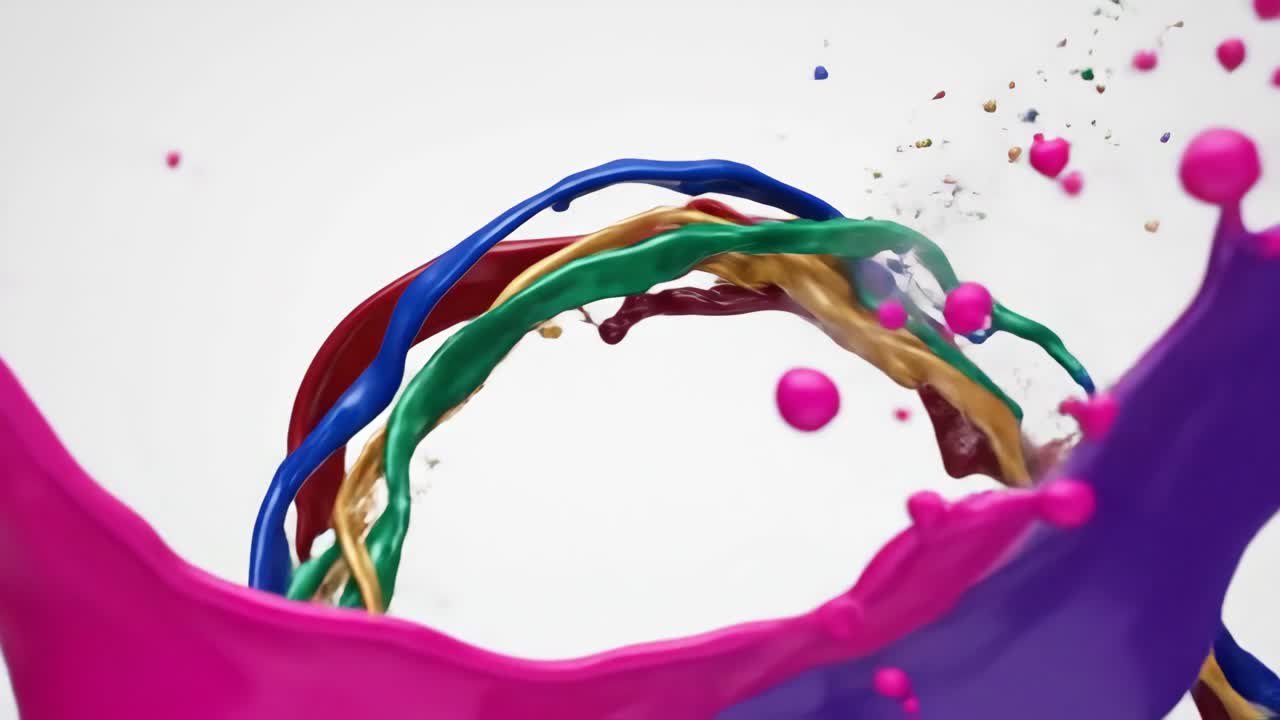 Vivaci schizzi e flussi di pittura colorata che si inarcano su sfondo bianco