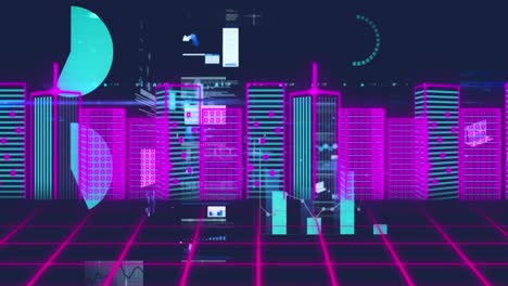 animación del procesamiento de datos estadísticos a través de la red de red contra el modelo de ciudad 3d.
