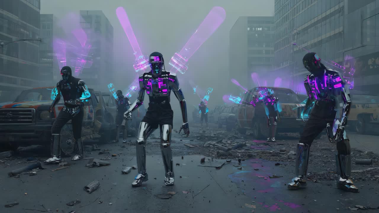 Neon Cyborgs in a Ruined Cityscape