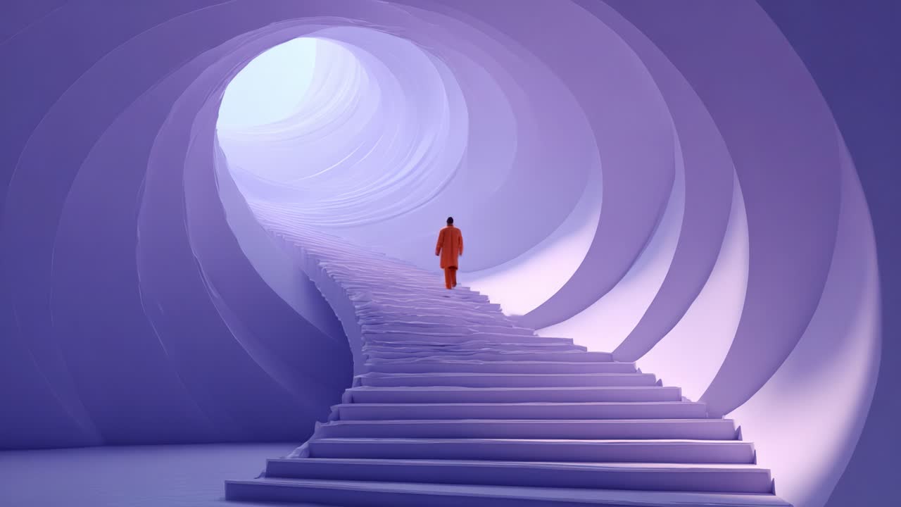 A solitary figure ascends a winding staircase through a surreal, purple-hued tunnel, symbolizing a journey of exploration and self-discovery into an ethereal, dreamlike space
