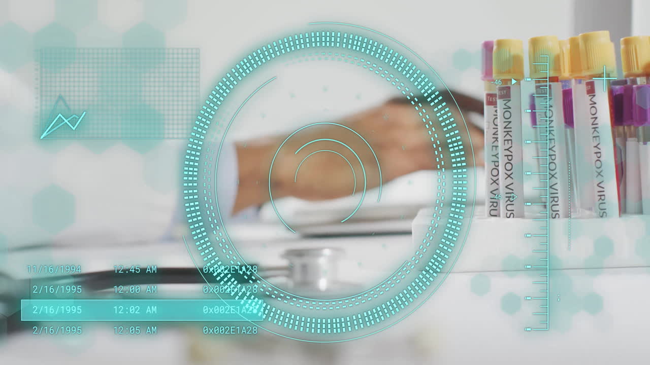 Animation of scope scanning and data processing over caucasian female doctor in hospital