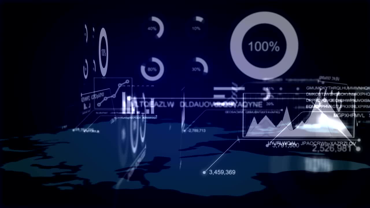 4K Animation of 3D moving world map with bar graph and random text element on dark abstract background futuristic concept